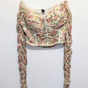 Romantic Cottagecore Floral Corset Top Ruched Sleeves Coquette